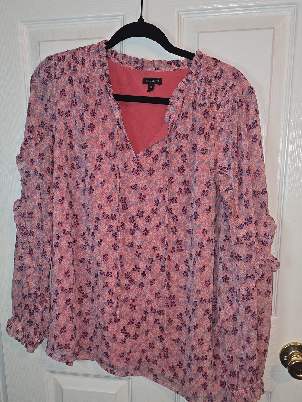 Talbots Pink Floral V-Neck Ruffle Long-Sleeve Blouse